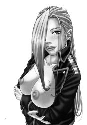 1girl absurdres breasts collarbone comic doujinshi from_side fullmetal_alchemist greyscale highres jacket japanese_language large_breasts lips long_hair looking_at_viewer monochrome nipples presenting shirt sketch smile solo unbuttoned unbuttoned_shirt uncensored white_background