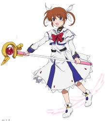  1girl :d absurdres ankle_socks black_socks bow bowtie brown_hair commentary_request dated dress hair_between_eyes highres holding holding_polearm holding_weapon juliet_sleeves long_sleeves looking_at_viewer lyrical_nanoha magic magical_girl mahou_shoujo_lyrical_nanoha medium_hair open_mouth polearm puffy_sleeves purple_eyes red_bow red_bowtie simple_background smile socks solo takamachi_nanoha takatisakana twintails weapon white_background white_devil white_dress white_footwear 