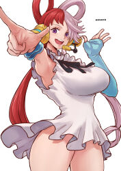  1girl aosora2823 armpits artist_name behind-the-head_headphones breasts cowboy_shot dress elbow_gloves gloves hair_rings headphones highres large_breasts looking_at_viewer low_twintails multicolored_hair one_piece open_mouth pointing purple_eyes red_hair simple_background single_elbow_glove smile solo thighs twintails two-tone_hair uta_(one_piece) white_background white_dress white_hair 