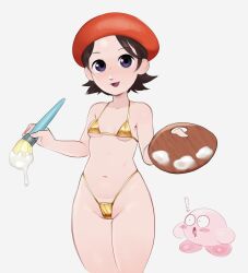  ! 1girl 1other adeleine aged_up beret bikini black_hair blush breasts cowboy_shot eyebrows gold_bikini grey_background hat highres kirby kirby_(series) legs_together light_blush looking_at_another looking_at_viewer navel nintendo omega_haunter open_mouth paint paintbrush palette_(object) petite purple_eyes short_hair simple_background small_breasts smile solo_focus standing suggestive_fluid surprised swimsuit thick_thighs thighs thong wide_hips  rating:Questionable score:58 user:HomeStruck