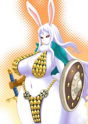  1girl areola_slip armor bikini_armor black_sclera breasts cape carrot_(one_piece) cleavage colored_sclera curvy female_focus furry furry_female gladiator huge_breasts long_hair looking_at_viewer navel nazca_(rapid-rabbit&#039;s) one_piece rabbit rabbit_ears rabbit_tail rebecca_(one_piece) rebecca_(one_piece)_(cosplay) red_eyes revealing_clothes shield solo sulong_form sword thick_thighs thighs weapon white_fur white_hair wide_hips 