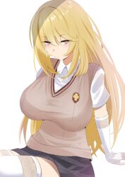  1girl :| alternate_breast_size blonde_hair breasts brown_sweater_vest closed_mouth collared_shirt commentary_request elbow_gloves gloves grey_skirt highres irika_illust large_breasts long_hair looking_at_viewer miniskirt narrowed_eyes pleated_skirt school_emblem school_uniform shirt shokuhou_misaki short_sleeves sitting skirt solo sparkling_eyes spider_web_print summer_uniform sweater_vest thighhighs toaru_kagaku_no_mental_out toaru_kagaku_no_railgun toaru_majutsu_no_index tokiwadai_school_uniform white_background white_gloves white_shirt white_thighhighs yellow_eyes 