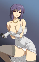  00s 1girl bare_shoulders breast_hold breasts cleavage collarbone covered_erect_nipples curvy dress elbow_gloves evening_gown ghost_in_the_shell ghost_in_the_shell_stand_alone_complex gloves gradient_background jewelry kuroda_akimi kusanagi_motoko large_breasts leg_up legs lipstick makeup necklace panties purple_background purple_hair red_eyes short_hair solo strap_slip thighhighs thighs underwear white_panties  rating:Questionable score:72 user:danbooru
