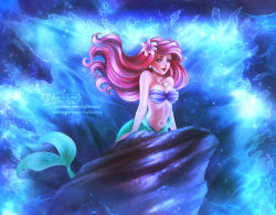  1girl ariel_(disney) bare_arms bare_shoulders blue_eyes breasts disney fins flower hair_ornament kgfantasy large_breasts long_hair looking_away lying mermaid monster_girl parted_lips patreon_username red_hair rock smile solo stomach tail fish_tail the_little_mermaid transformation water watermark waving  rating:Sensitive score:7 user:BalaNag