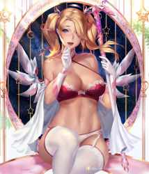  1girl adapted_costume blonde_hair blue_eyes bra breasts cleavage garter_straps gloves gtunver hair_over_one_eye hair_ribbon lace lace-trimmed_bra lace-trimmed_panties lace_trim large_breasts looking_at_viewer mechanical_wings mercy_(overwatch) open_mouth overwatch overwatch_1 panties pink_mercy red_bra ribbon sitting smile solo staff thighhighs twintails underwear watermark web_address white_gloves white_panties white_thighhighs wings  rating:Sensitive score:56 user:danbooru
