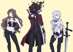 1boy 2girls absurdres black_shirt breasts brown_hair cleavage closed_mouth cowboy_shot dante_(devil_may_cry) dante_(limbus_company) devil_may_cry_(series) faust_(project_moon) gun handgun havent height_difference highres holding holding_gun holding_weapon jacket limbus_company long_hair medium_breasts midriff multiple_girls object_head project_moon rodion_(project_moon) shirt simple_background sword weapon white_eyes white_hair yellow_background