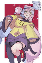 bow-shaped_hair character_hair_ornament creatures_(company) game_freak grey_pantyhose hair_ornament hexagon_print huanxiang_huifeng iono_(pokemon) jacket nintendo oversized_clothes pantyhose pokemon pokemon_sv single_leg_pantyhose sleeves_past_fingers sleeves_past_wrists very_long_sleeves x yellow_jacket