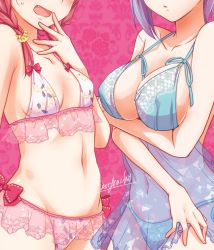  10s 2girls arm_under_breasts artist_name blush breasts cleavage fang flower fujiwara_konomi hair_ornament hair_scrunchie head_out_of_frame large_breasts lingerie low_twintails medium_hair merryhachi midriff multiple_girls navel open_mouth original parted_lips pink_hair purple_hair ribbon rose scrunchie see-through short_hair signature small_breasts standing sweatdrop tachibanakan_triangle takamura_iori take_your_pick twintails underwear 