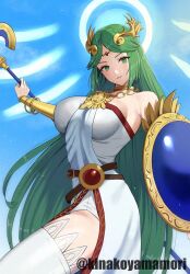  1girl ancient_greek_clothes armlet artist_name bare_shoulders breasts chain chiton circlet dress forehead_jewel gold_chain greco-roman_clothes green_eyes green_hair highres holding holding_shield holding_staff jewelry kid_icarus kid_icarus_uprising large_breasts long_hair neck_ring nintendo palutena parted_bangs pendant shield single_thighhigh solo staff strapless strapless_dress thighhighs twitter_username vambraces very_long_hair white_dress white_thighhighs yamamori_kinako  rating:Sensitive score:5 user:danbooru