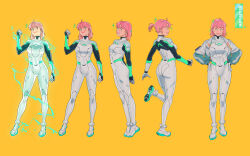  1girl annie_mei annie_mei_project artist_name ass bodysuit bolt breasts caleb_thomas collared_bodysuit commentary english_commentary from_behind from_side full_body green_eyes hands_on_own_hips jacket making-of_available multiple_views open_clothes open_jacket orange_background parted_lips pink_hair short_hair short_ponytail simple_background smile sparkle standing standing_on_one_leg white_bodysuit 