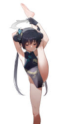  1girl bare_shoulders barefoot black_dress blue_archive blush breasts butterfly_hair_ornament china_dress chinese_clothes double_bun dragon_print dress gloves hair_bun hair_ornament halo highres hyury kisaki_(blue_archive) long_hair pelvic_curtain small_breasts solo split standing standing_on_one_leg standing_split twintails 