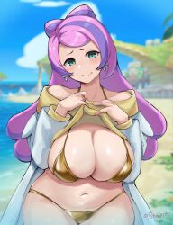  1girl absurdres artsheops beach bikini blush breasts cleavage clothes_lift collarbone cowboy_shot creatures_(company) earrings facing_viewer game_freak gold_bikini heart heart-shaped_pupils highres jewelry lab_coat large_breasts long_hair miriam_(pokemon) multicolored_hair navel nintendo outdoors pink_hair pokemon pokemon_masters_ex pokemon_sv purple_hair shirt_lift smile solo sweater swimsuit symbol-shaped_pupils thick_thighs thighs two-tone_hair wide_hips  rating:Questionable score:59 user:DarkToonLink