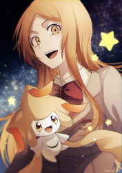  1girl :d alternate_color bleach bow commentary_request creatures_(company) crossover game_freak gen_3_pokemon happy highres inoue_orihime jirachi legendary_pokemon long_hair looking_at_viewer mythical_pokemon nintendo open_mouth orange_eyes orange_hair parted_bangs pokemon pokemon_(creature) red_bow school_uniform shiny_pokemon sidelocks sky smile star_(sky) star_(symbol) starry_sky sumire_1046 teeth twitter_username upper_body upper_teeth_only 