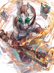  1boy armor bodysuit card compound_eyes fire green_eyes gun highres holding holding_weapon kamen_rider kamen_rider_blade_(series) kamen_rider_garren looking_at_viewer male_focus mask motsu_(kirabeatkila) multiple_boys playing_card portal_(object) red_bodysuit solo standing tokusatsu weapon 