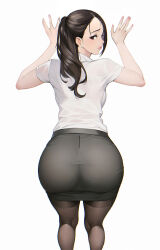 1girl ass blush bobobong breasts brown_eyes brown_hair closed_mouth commentary earrings fingernails hands_up highres invisible_wall jewelry lips long_hair miniskirt office_lady original pantyhose pencil_skirt ponytail short_sleeves simple_background skin_tight skirt small_breasts solo white_background rating:Sensitive score:69 user:danbooru
