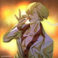  1boy absurdres blonde_hair cigarette collarbone commentary_request curly_eyebrows facial_hair hair_over_one_eye highres holding holding_cigarette jacket long_sleeves male_focus one_piece pectorals red_shirt rita_ya sanji_(one_piece) shirt short_hair smirk smoke smoking solo teeth twitter_username unbuttoned unbuttoned_shirt white_jacket 