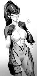 1girl absurdres artist_name blink3r blush bodysuit breasts cameltoe cleft_of_venus collarbone cowboy_shot female_focus heart helmet high_ponytail highres holster large_breasts long_hair looking_at_viewer monochrome nipples open_bodysuit open_clothes overwatch smile solo sweatdrop thigh_holster thighs very_long_hair widowmaker_(overwatch) 