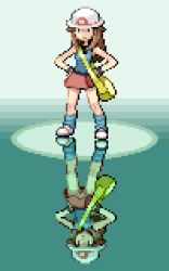 1girl bag black_gloves blue_background blue_legwear blue_shirt breasts brown_eyes brown_hair creatures_(company) fingerless_gloves game_freak gloves hands_on_own_hips hat leaf_(pokemon) long_hair loose_socks nintendo no_panties pixel_art pokemon pokemon_frlg pussy red_footwear red_skirt reflection saiwai_hiroshi shirt shoes skirt small_breasts sneakers socks standing striped striped_background tank_top upskirt white_headwear rating:Explicit score:106 user:cpee
