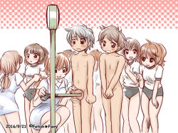  2boys 6+girls age_difference bare_legs blush breasts brown_hair buruma clothed_female_nude_male covering_crotch covering_privates examination flat_chest hihiru legs loli long_hair measuring medical_examination multiple_boys multiple_girls nude nurse penis school_uniform short_hair shorts shota skirt small_breasts standing testicles thighs  rating:Explicit score:111 user:Loli_sucker