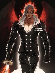  1boy black_wings bodysuit dark-skinned_male dark_skin fire highres king_(one_piece) long_hair looking_at_viewer male_focus muscular muscular_male one_piece solo sword tattoo weapon white_hair wings  rating:Questionable score:4 user:keplergym