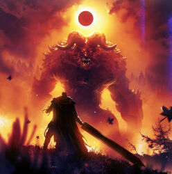  1boy berserk blurry blurry_foreground cape cloud commentary demon dragonslayer_(sword) eclipse english_commentary falling_leaves fang from_behind greatsword guts_(berserk) highres horns huge_weapon kalmahul leaf maple_leaf monster open_mouth outdoors prosthesis prosthetic_arm red_eyes sky solar_eclipse standing sword tree weapon zodd_(berserk) 