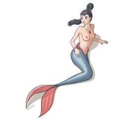  1girl artist_name black_hair blue_eyes blush breasts diadem jewelry karvis long_hair lying mermaid monster_girl nipples nude on_side ponytail signature simple_background smile topless vector_trace white_background  rating:Questionable score:5 user:Forumguy83