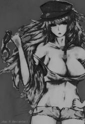  1girl bare_shoulders breasts capcom cleavage collarbone crop_top cuffs denim denim_shorts futanari grey_background greyscale hand_on_own_hip hand_up handcuffs hat hyakulegger large_breasts long_hair monochrome navel newhalf no_bra off_shoulder open_fly poison_(final_fight) self-upload shirt short_shorts shorts simple_background standing strap_slip  rating:Sensitive score:5 user:smackmybitchup