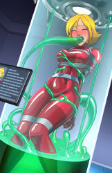  1girl arms_behind_back bdsm blonde_hair blue_eyes blush bodysuit bondage bound breasts closed_eyes clover_(totally_spies) fellatio highres impossible_bodysuit impossible_clothes large_breasts metal_belt nose_blush oral red_bodysuit restrained shio-bari short_hair simulated_fellatio slime_(creature) slime_(substance) solo stasis_tank stationary_restraints totally_spies whoop_catsuit 