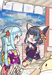  2girls :d absurdres animal_ears aqua_eyes aqua_hair arrow_(projectile) azur_lane bare_shoulders black_hair blue_hair blush_stickers breath bright_pupils cheshire_(azur_lane) chibi colored_inner_hair commentary_request commission detached_sleeves ear_covers expressionless eye_contact eyes_visible_through_hair floral_print floral_print_kimono flower frills fur_(clothing) hair_flower hair_ornament hair_ribbon hamaya hatsumoude highres himajin_(fd_jin) holding japanese_clothes kimono long_hair long_sleeves looking_at_another manjuu_(azur_lane) multicolored_hair multiple_girls neptune_(azur_lane) new_year notice_lines omikuji open_mouth print_kimono profile purple_eyes purple_kimono purple_sleeves red_flower red_ribbon ribbon short_hair skeb_commission sleeveless sleeveless_kimono smile snow snowing split_mouth standing turning_head white_flower white_pupils wide_sleeves yellow_ribbon 