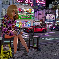  1girl ace_akira anklet bag billboard blonde_hair blue_eyes blunt_bangs book_off bright_pupils brown_hair bruise_on_leg building car character_print cigarette_butt city closed_mouth disney full_body gradient_hair green_tea holding holding_manga hood hoodie jaggy_lines jewelry knees_together_feet_apart lamborghini looking_at_object looking_down manga_(object) medium_hair motor_vehicle multicolored_hair nana_(series) neon_sign night on_bench original outdoors pet_food pink_hoodie pixel_art plastic_bag plastic_bottle railing reading reflective_surface road satellite_dish scenery short_shorts shorts sidewalk sitting solo street tea translation_request vehicle_request white_footwear white_pupils white_sneakers 
