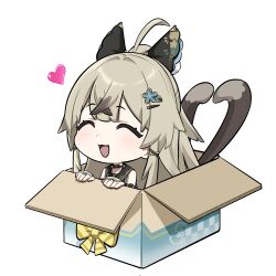 1girl ahoge animal_ears black_hair blush box cardboard_box cat_ears cat_girl cat_tail chibi choker closed_eyes commentary detached_sleeves english_commentary genshin_impact grey_hair hair_ornament hairclip heart highres in_box in_container kekek kirara_(genshin_impact) long_hair multicolored_hair multiple_tails open_mouth simple_background solo tail white_background rating:General score:8 user:danbooru