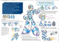 1boy android armor artist_name blue_eyes bodysuit boots dashing gloves green_eyes highres jumping looking_at_viewer male_focus mega_buster mega_man_(series) mega_man_x_(series) multiple_views pn13ban standing thrusters thumbs_up translated weapon white_background white_gloves x_(mega_man)