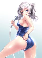 10s 1girl :d adjusting_clothes adjusting_swimsuit ass bare_arms bare_shoulders blue_eyes blue_one-piece_swimsuit blush bosshi breasts cleft_of_venus competition_school_swimsuit covered_erect_nipples dripping eyebrows holding image_sample kantai_collection kashima_(kancolle) legs_apart looking_at_viewer medium_breasts one-piece_swimsuit open_mouth partially_visible_vulva school_swimsuit short_hair shower_head showering sideboob silver_hair skin_tight skindentation smile solo standing swimsuit thighs water water_drop wet wet_clothes wet_hair wet_swimsuit rating:Questionable score:75 user:danbooru