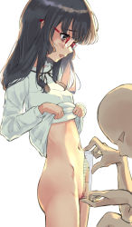 1boy 1girl ass bad_id bad_pixiv_id bald black_eyes black_hair black_neckwear blush bottomless breasts brown_eyes brown_hair cleft_of_venus clothes_lift faceless faceless_male from_side glasses groin highres holding lifting_own_clothes loli long_hair long_sleeves looking_down measuring navel neck_ribbon onihito open_mouth original pussy ribbon ruler sen_(fisheep0320) shirt shirt_lift simple_background small_breasts standing stomach thighs white_background white_shirt rating:Explicit score:195 user:danbooru