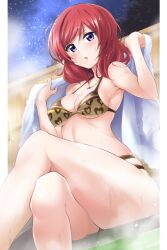 1girl armpits bare_legs bikini blush breasts cleavage commentary_request cowboy_shot crossed_legs from_below heart heart_print holding holding_towel jewelry kirisaki_reina looking_at_viewer love_live! love_live!_school_idol_project medium_breasts necklace night night_sky nishikino_maki onsen outdoors parted_lips print_bikini purple_eyes red_hair short_hair sitting skindentation sky solo star_(sky) starry_sky steam swimsuit thick_thighs thighs towel tree v-shaped_eyebrows water wet white_towel wide_hips