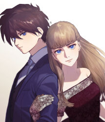  1boy 1girl artist_logo black_gloves black_vest blonde_hair blue_eyes blue_jacket breasts brown_hair closed_mouth collared_shirt commentary_request dress earrings expressionless formal glint gloves grey_necktie gundam gundam_wing hair_between_eyes heero_yuy highres jacket jewelry lace lace_gloves leaning_on_person light_smile looking_at_viewer medium_breasts necktie off-shoulder_dress off_shoulder open_clothes open_jacket red_dress relena_peacecraft shirt short_hair simple_background stud_earrings suit_jacket upper_body ususio_11 vest white_background white_shirt 