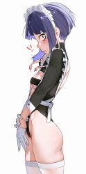  !? 1girl absurdres alternate_costume apron ass audio_jack back_cutout black_leotard boku_no_hero_academia breasts center_opening clothing_cutout enmaided from_side gloves highres jirou_kyouka leotard long_earlobes maid maid_apron maid_headdress purple_eyes purple_hair short_hair simple_background small_breasts solo thighhighs underboob waligner white_apron white_background white_gloves white_thighhighs 
