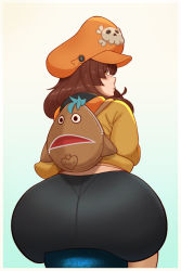  1girl arc_system_works ass backpack bag bike_shorts blush brown_hair from_behind guilty_gear guilty_gear_strive hat highres huge_ass joylewds long_hair looking_at_viewer looking_back may_(guilty_gear) orange_eyes parka parted_lips pirate pirate_hat shiny_clothes sitting solo  rating:Questionable score:127 user:armorcrystal