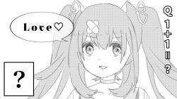  1girl ? collarbone commentary english_text greyscale hair_ornament hanamori_healthy long_hair looking_at_viewer melty+ momo_kimuchi008 monochrome open_mouth pill_hair_ornament simple_background solo twintails virtual_youtuber white_background 