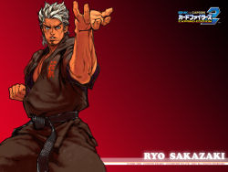  1boy alternate_costume arm_behind_back belt black_belt blonde_hair blue_eyes clenched_hand cowboy_shot dougi facial_hair fighting_stance hiroaki_(kof) karate_gi logo looking_at_viewer male_focus martial_arts_belt mature_male mr._karate_ii muscular muscular_male name_tag official_art open_hand open_mouth pectoral_cleavage pectorals promotional_art red_background ryou_sakazaki ryuuko_no_ken short_hair simple_background snk snk_vs_capcom:_card_fighters_2 solo spiked_hair stubble 