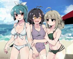  3girls :t ahoge an_sin araga_kiwi arm_grab beach bikini black_eyes black_hair blush bow breast_press breasts casual_one-piece_swimsuit closed_mouth cloud collarbone commentary_request covered_navel day fang front-tie_bikini_top front-tie_top girl_sandwich grabbing_another&#039;s_arm grabbing_another&#039;s_hand green_bikini green_hair hair_between_eyes hair_bow hand_grab hand_up hands_up highres hiiragi_utena korean_commentary large_breasts light_blush light_brown_hair long_hair looking_at_another mahou_shoujo_ni_akogarete medium_breasts minakami_sayo mole mole_under_eye multiple_girls navel nose_blush ocean one-piece_swimsuit open_mouth outdoors ponytail pout red_eyes sand sandwiched short_hair side-tie_bikini_bottom sky smile standing sweat swimsuit tareme twitter_username white_bikini yellow_eyes yuri 