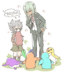  2boys age_difference aqua_hair bad_id bad_pixiv_id bird eyepatch gloves goalkeeper hands_on_own_hips height_difference inazuma_eleven_(series) inazuma_eleven_go leaning_forward long_hair male_focus miyabino_reiichi mouth_hold multiple_boys necktie penguin sakuma_jirou simple_background soccer_uniform sparkle sportswear star_(symbol) teikoku teikoku_soccer_uniform thought_bubble ticktack_chicken very_long_hair whistle 