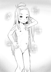  1girl bangs_pinned_back blush cleft_of_venus feet_out_of_frame flat_chest hand_on_own_hip highres long_hair looking_at_viewer monochrome navel nipples nude original pussy shizuma smile solo sparkle topknot  rating:Explicit score:10 user:kartais
