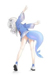  1girl absurdres animal_costume animal_hood blue_eyes blue_hoodie fins fish_tail gawr_gura gawr_gura_(1st_costume) grey_hair hair_ornament highres hololive hololive_english hood hoodie kiguh1004 shark_costume shark_girl shark_hair_ornament shark_hood shark_tail simple_background solo tail two_side_up virtual_youtuber white_background 