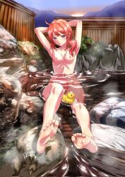  1girl armpits arms_up bare_arms bare_legs bare_shoulders barefoot bathing bird character_request commentary_request copyright_request duck feet full_body highres looking_at_viewer navel nipples no_bra no_panties nude onsen ponytail pubic_hair purple_eyes pussy red_hair rock rubber_duck side_ponytail soles watanabe_yoshihiro wet 