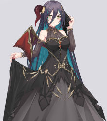 1girl absurdres aqua_hair bare_shoulders between_breasts black_dress breasts character_request closed_mouth covered_navel curled_fingers detached_sleeves dress frown gem gold_trim hair_between_eyes hair_ornament hairclip hand_up highres horns jewelry kuyoumi lifted_by_self long_dress long_hair multicolored_hair nail_polish princess_connect! purple_hair ranpha_(princess_connect!) red_nails simple_background single_horn solo streaked_hair two-tone_hair yellow_eyes rating:Sensitive score:9 user:danbooru