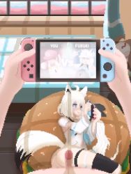 1boy 1girl aftersex animal_ears animated aqua_eyes ass blush clothed_sex clothes_pull covering_own_mouth cum cum_in_pussy cum_pool cumdrip fox_ears fox_girl fox_tail hetero hololive juukandoit laughing lying motion_blur multitasking nintendo nintendo_switch on_side one_eye_closed panties panties_around_leg penis pixel_art playing_games pov pussy sex shirakami_fubuki shirakami_fubuki_(1st_costume) short_shorts shorts shorts_pull sideways_missionary striped_clothes striped_panties super_smash_bros. tail tail_wrap thigh_strap thighhighs tongue tongue_out underwear video virtual_youtuber white_hair wink rating:Explicit score:716 user:akarin_akari