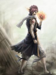  1boy asymmetrical_clothes clenched_hands fairy_tail fairy_tail_houou_no_miko fire full_body looking_at_viewer male_focus natsu_dragneel penator pink_hair profile ruins sandals scarf solo tattoo torn_clothes walking 