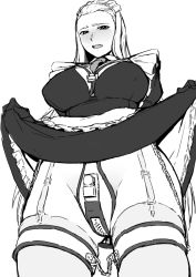  1girl asahina_misuzu bondage_game breasts chastity_belt clothes_lift dress dress_lift frilled_dress frills garter_straps greyscale large_breasts long_hair maid maid_headdress monochrome necktie open_mouth tagme thigh_bands thighhighs ufo_koikoi 