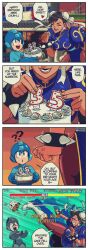  1boy 1girl 4koma ? ?? ^^^ age_conscious android anger_vein birthday birthday_cake black_hair blue_dress blue_eyes boots bracelet brown_legwear bun_cover cake candle capcom china_dress chinese_clothes chun-li clenched_hand closed_eyes comic commentary cross cross-laced_footwear crossover double_bun dress english_commentary english_text false_smile food hair_bun heart helmet highres jewelry kicking left-to-right_manga mega_man_(character) mega_man_(classic) mega_man_(series) open_mouth pantyhose pelvic_curtain ryan_jampole side_slit smile speech_bubble spiked_bracelet spikes sprinkles street_fighter street_fighter_ii_(series) user_interface white_footwear 